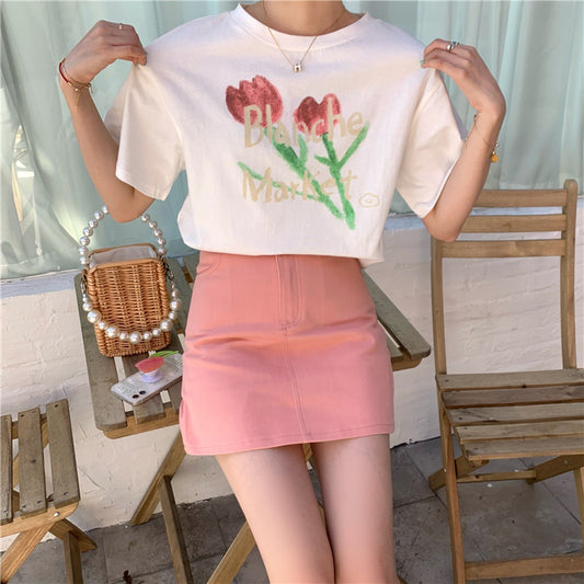 Women's New Loose Tulip Printed Cotton Short Sleeve